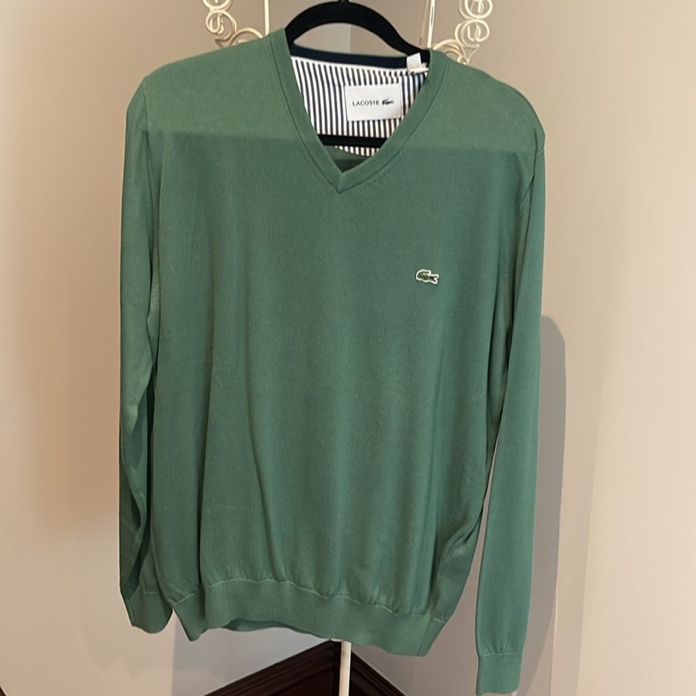 Lacoste Gray & Green V-Neck Sweater Knit Casual